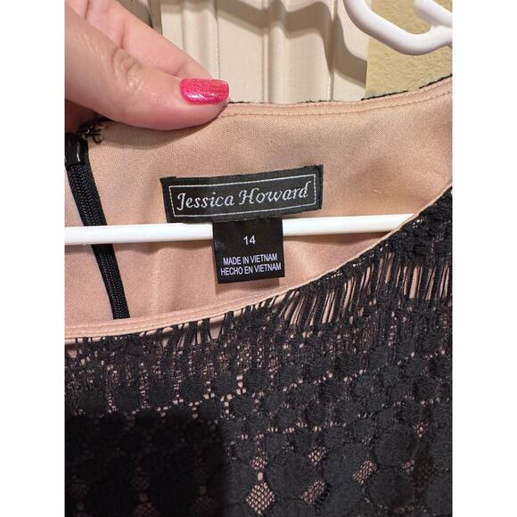 Jessica Howard Illusion Sleeve Crochet Lace Black Shift Lined Dress Sz 14 - Picture 5 of 11